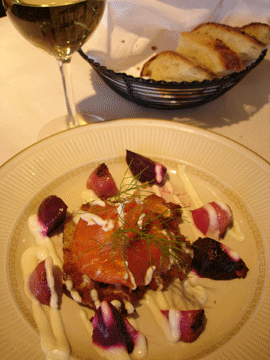 Gravlax with German Potato Pancakes, Corn and Oregon Truffle Flan, and Poached Eggs with Prosciutto