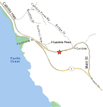 Map to Black Cat Bistro in Cambria on the Central Coast of California.