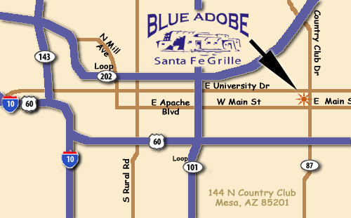 Map to Blue Adobe Santa Fe Grille in Mesa near Phoenix