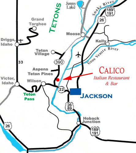 Map to Calico Italian Restaurant on Teton Village Road in Jackson Hole Wyoming