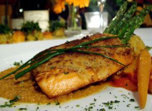 Saumon Raifort- San Diego Restaurants Roasted salmon fillet at Chez Loma