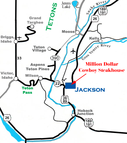 Map to Million Dollar Cowboy Steakhouse in downtown Jackson Hole