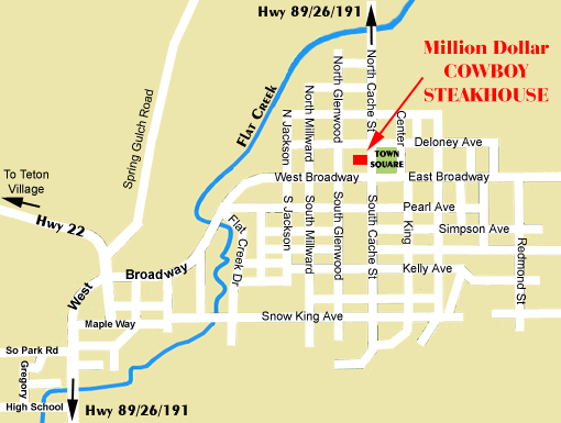 Map to Million Dollar Cowboy Steakhouse at 25 North Cache Drive in Jackson Wyoming