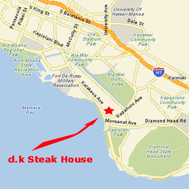 Map to dk Steak House on Kalakaua Avenue in the Waikiki Beach Marriott Resort in Honolulu.
