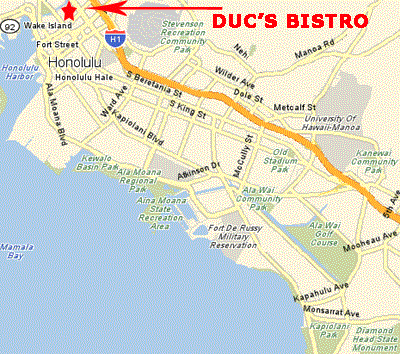 Map to Duc's Bistro in Chinatown for dining in Honolulu.