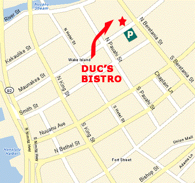 Close-up map to Duc's Bistro on Maunakea St in Chinatown Honolulu.