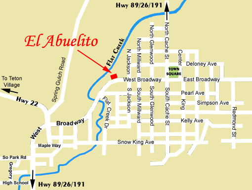 Map to El Abuelito Mexican Restaurant at 385 West Broadway in Jackson Hole Wyoming