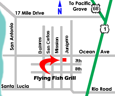 Map of Carmel showing Flying Fish Grill in Carmel Plaza