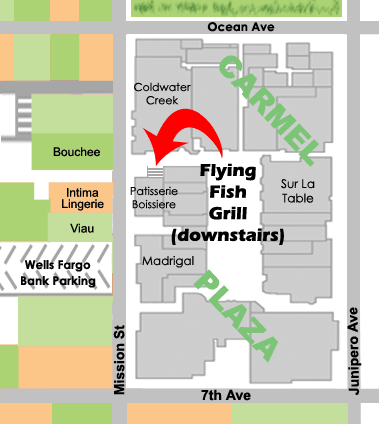 Map to Flying Fish Grill in Carmel Plaza