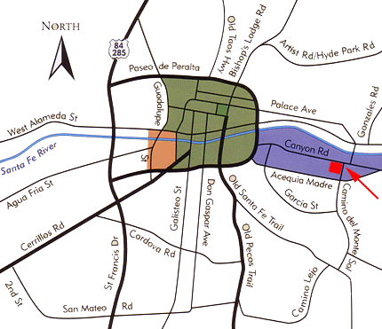 Map to Geronimo Restaurant on Canyon Road in Santa Fe, New Mexico