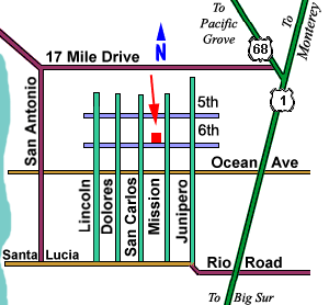 Map to Grasings Coastal Cuisine on 6th Avenue between Mission and San Carlos in downtown Carmel.