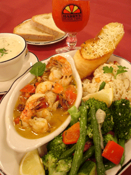 Shrimp Scampi, Our Famous Sirloin Steak Sandwich, and comfortable dining at Harry's.