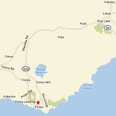 Map to Keoki's Paradise Restaurant in Poipu Beach on the South Shore of Kauai.