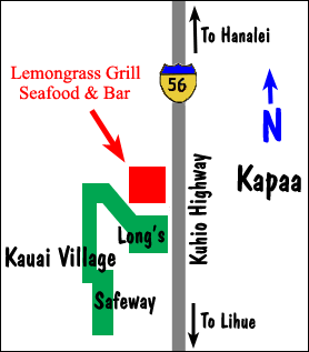 Map to Lemongrass Grill Seafood and Bar in Kapaa on Kaui.