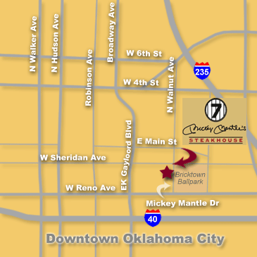 Closeup Map showing Mickey Mantle Drive in Bricktown OKC