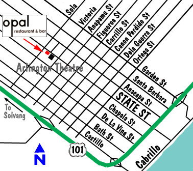 Map to Opal Restaurant and Bar in downtown Santa Barbara