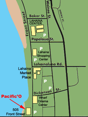 Map to Pacific Restaurant on Front Street in Lahaina Maui Hawaii.