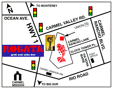Map to Robata Japanese Restaurant and Sushi Bar in the Barnyard Shopping Village in Carmel