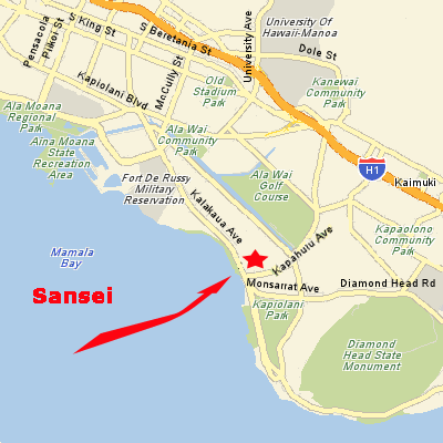 Map to Sansei Seafood Restaurant & Sushi Bar at the Waikiki Beach Marriott Resort in Honolulu.