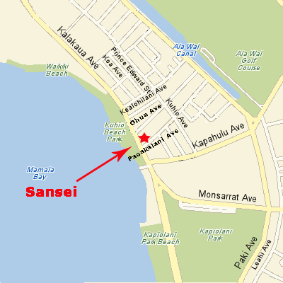 Close-up map to Sansei Seafood Restaurant & Sushi Bar on Kalakaua Avenue in the Waikiki Beach Marriott Resort.