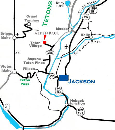 Map to Alpenrose Restaurant in the Alpenhof Lodge in Teton Village a few miles from Jackson Hole
