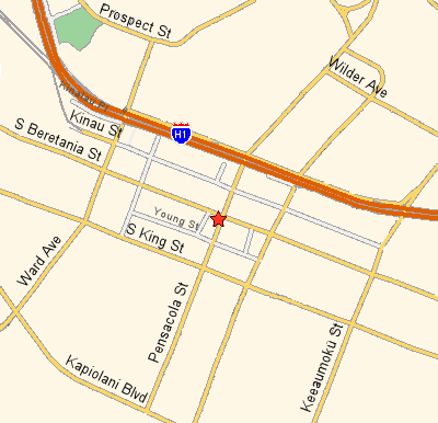 Close-up Map to Auntie Pasto's Italian Restaurant on Beretania Street in Honolulu.
