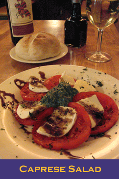Caprese Salad, Margarita Pizza Appetizer and Wild King Salmon at Calico Italian Restaurant