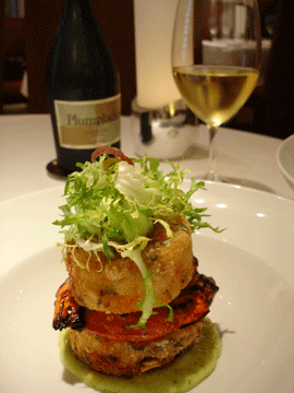 Hot Mexican Prawns on jasmine rice cakes, Peppery Elk Tenderloin with creamy mushroom sauce, and Romaine Spears with Pecorino Toscano Cheese.