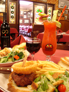 For steak, pasta, seafood, chops, charbroiled chicken, sandwiches, and drinks that area always 'doubles', it's Harry's Plaza Cafe.