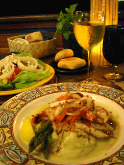  Tomatoes and Maui Onions Salad, and Mahi Mahi with Shrimp.
