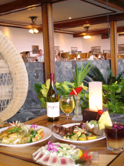 Delicious cuisine, beautiful sunsets and harbor lights at Kona Inn Restaurant in downtown Kailua-Kona on the Big Island.