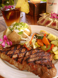 New York Steak, Seared Rice Paper Ahi, and Macadamia Nut Crusted Mahi Mahi.