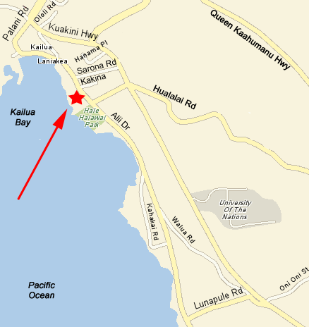 Map to Kona Inn Restaurant in the Kona Inn Shopping Village on Alii Drive in Kailua-Kona on the Big Island Hawaii.