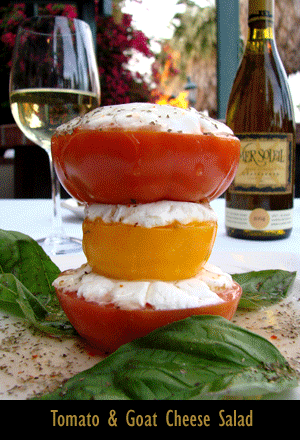 Tomato and Goat Cheese Salad, Broiled Filet and Lobster, and Shrimp Cocktail