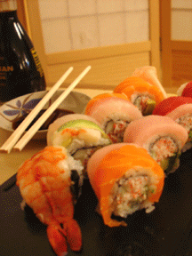 A Rainbow Roll, and comfortable dining at Sushi Teri House in Carpinteria near Santa Barbara.