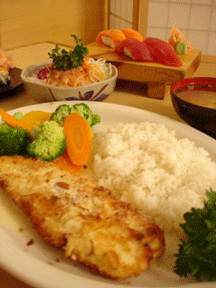 Crunchy Almond Crusted Halibut, Sushi, and an intimate booth at Sushi Teri House.