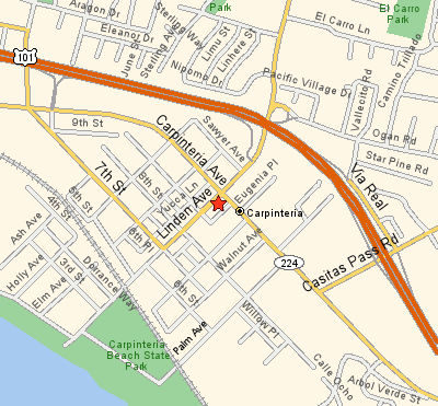 Map to Sushi Teri House in Carpinteria near Santa Barbara